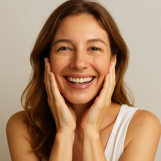 Femme souriante, les mains sur les joues