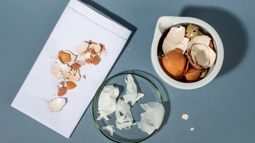 Membranes blanches séparées de coquilles d’œufs, posées dans une coupelle en verre