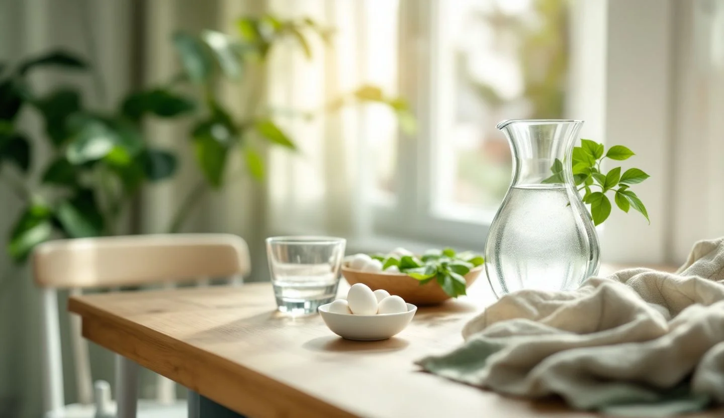 Verre d’eau, carafe et œufs sur une table en bois près d’une fenêtre
