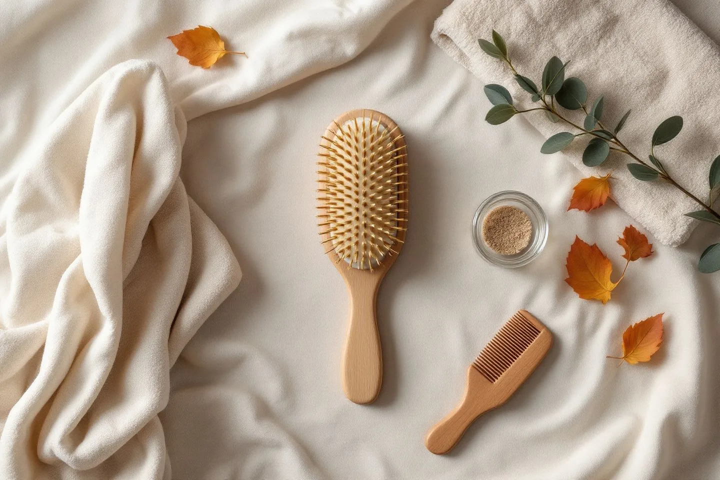 Brosse à poils souples, peigne en bois et serviette microfibre posés sur un tissu clair
