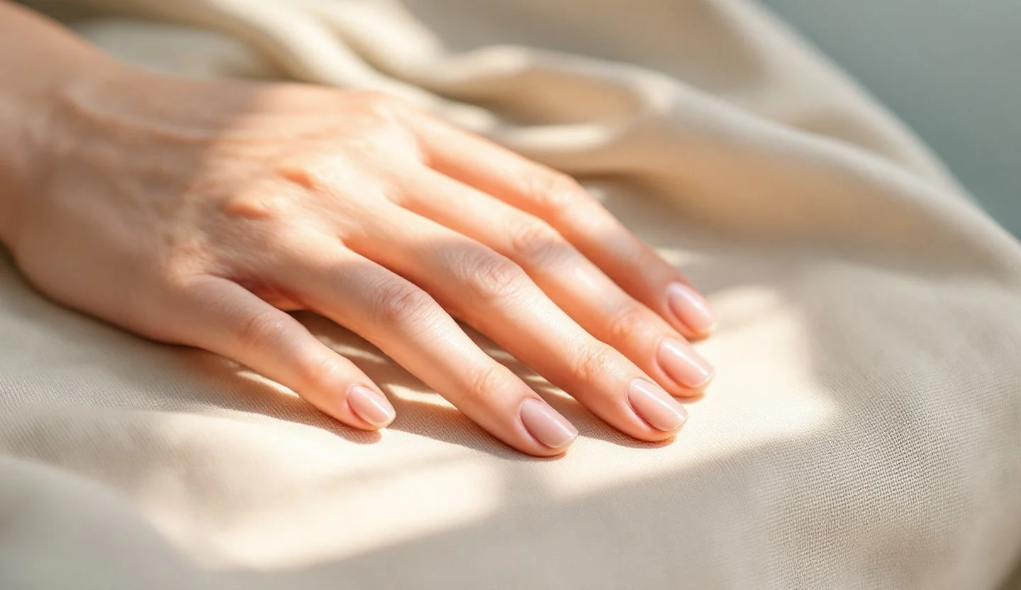 Main aux ongles courts et naturels posée sur un tissu clair