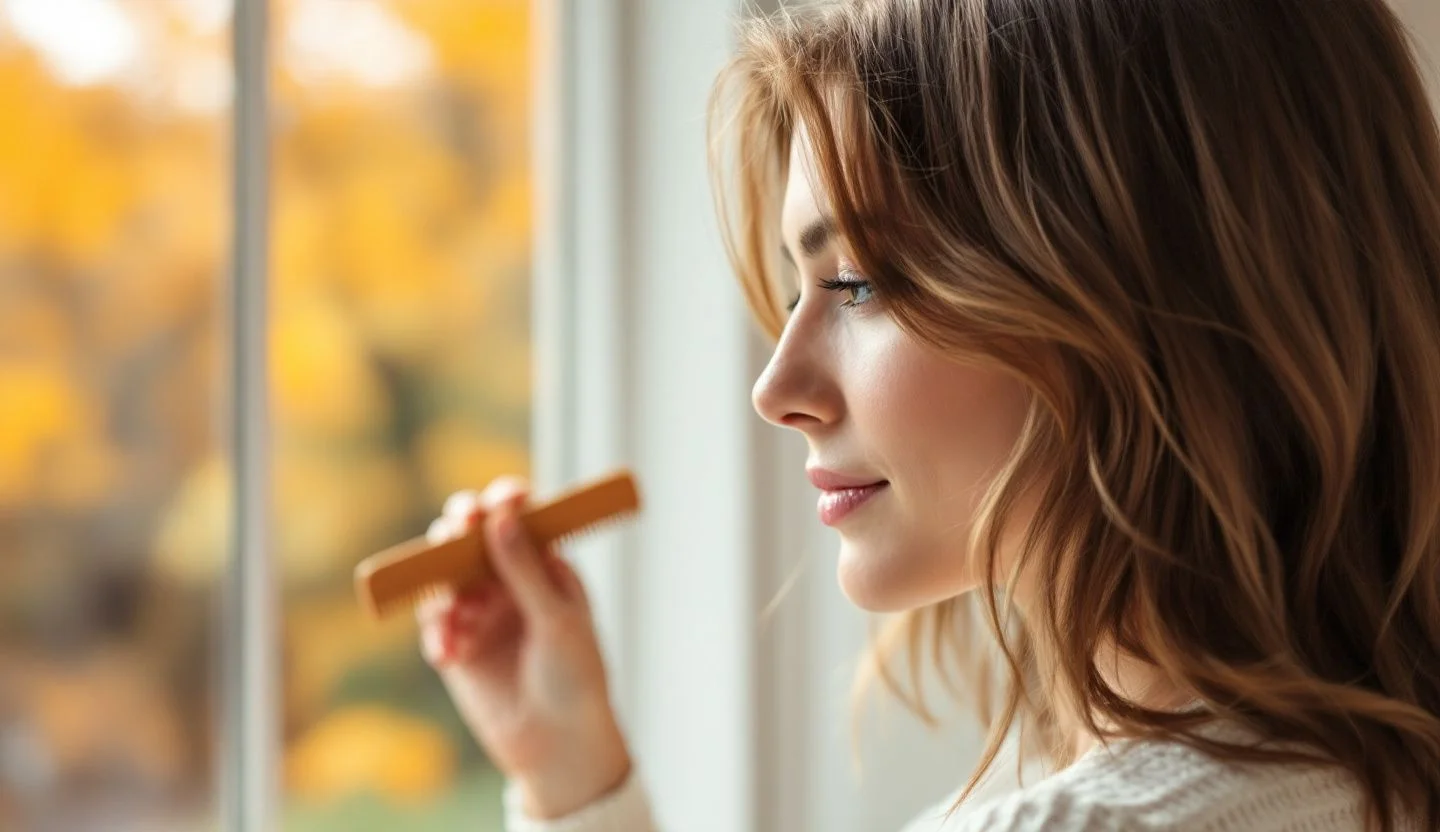 Femme se coiffant doucement près d'une fenêtre en automne