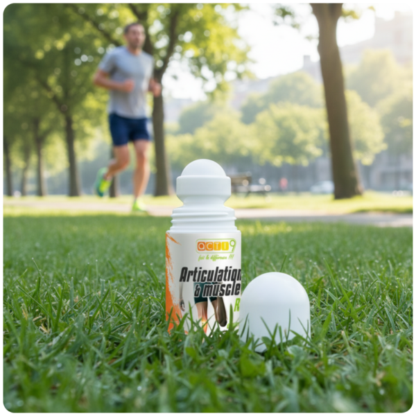 Roller Articulations et Muscles Acti9 posé dans l'herbe, un coureur en arrière-plan